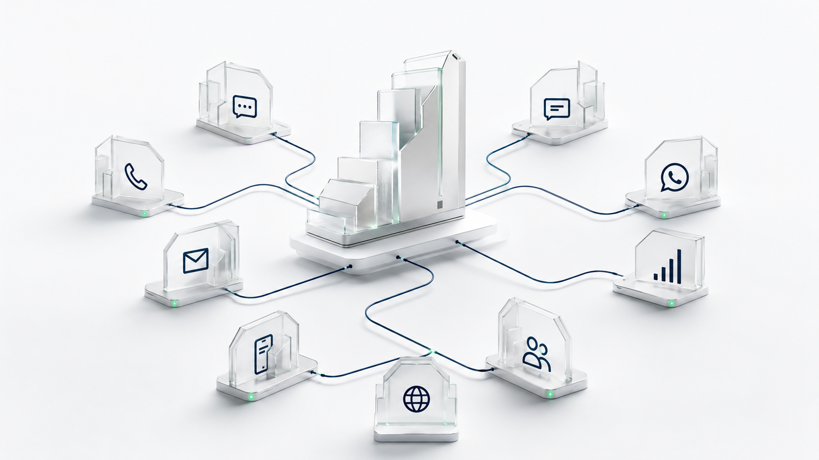 A premium white-first multi-channel communication system showing one AI employee connected across WhatsApp, phone calls, email, website chat, SMS, and revenue intelligence.