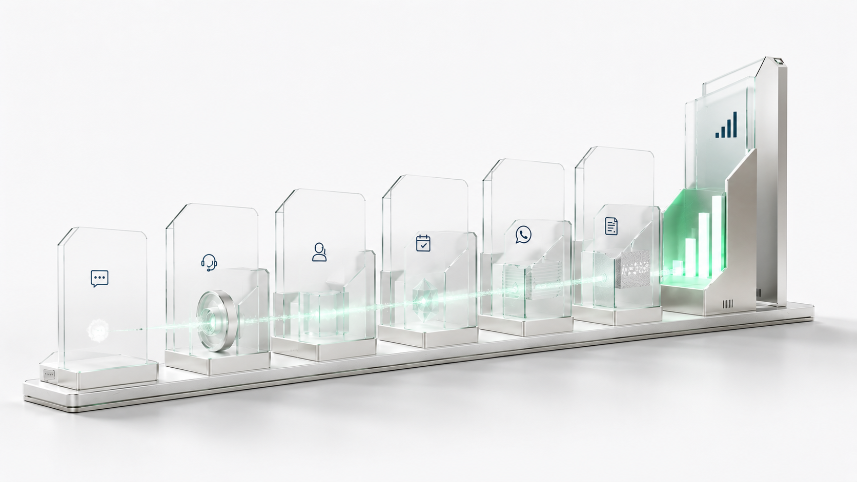 A premium glass process line visualizing an AI receptionist handling a conversation from input to qualification, booking, summary and revenue intelligence.